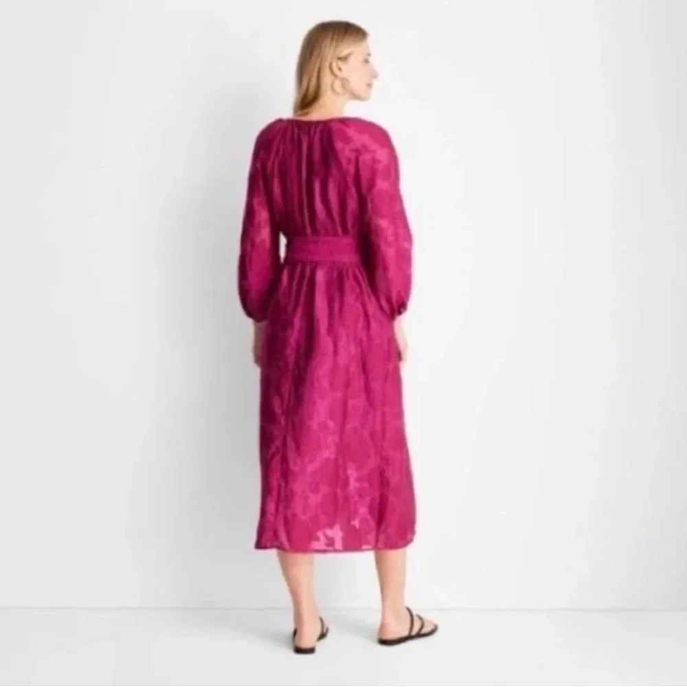 Vibrant Fuchsia Midi Dress with Waist Tie - Picture 3 of 3